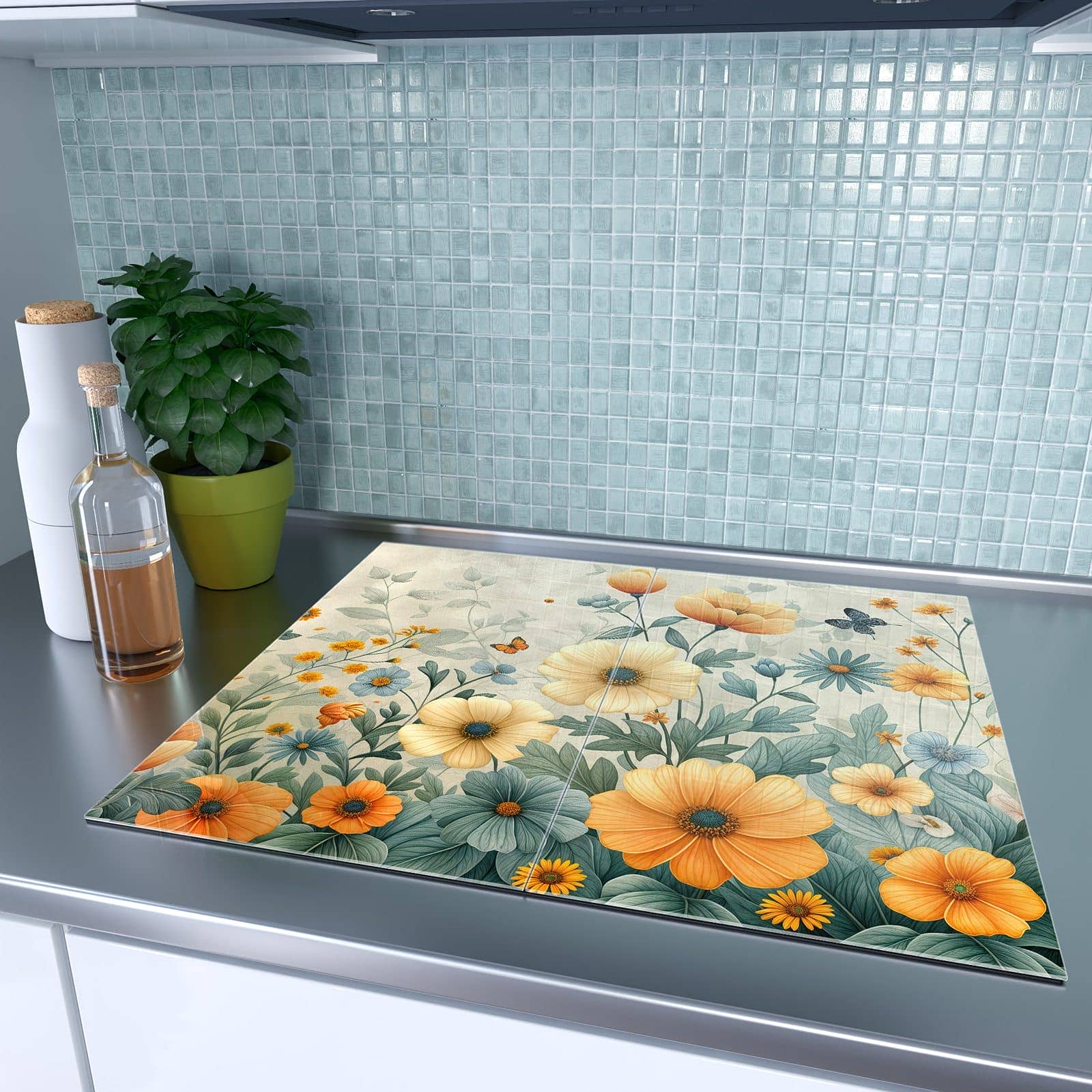 2-teilige Herdabdeckplatten für Ceranfeld mit Blumenwiese-Motiv auf dem Ceranfeld