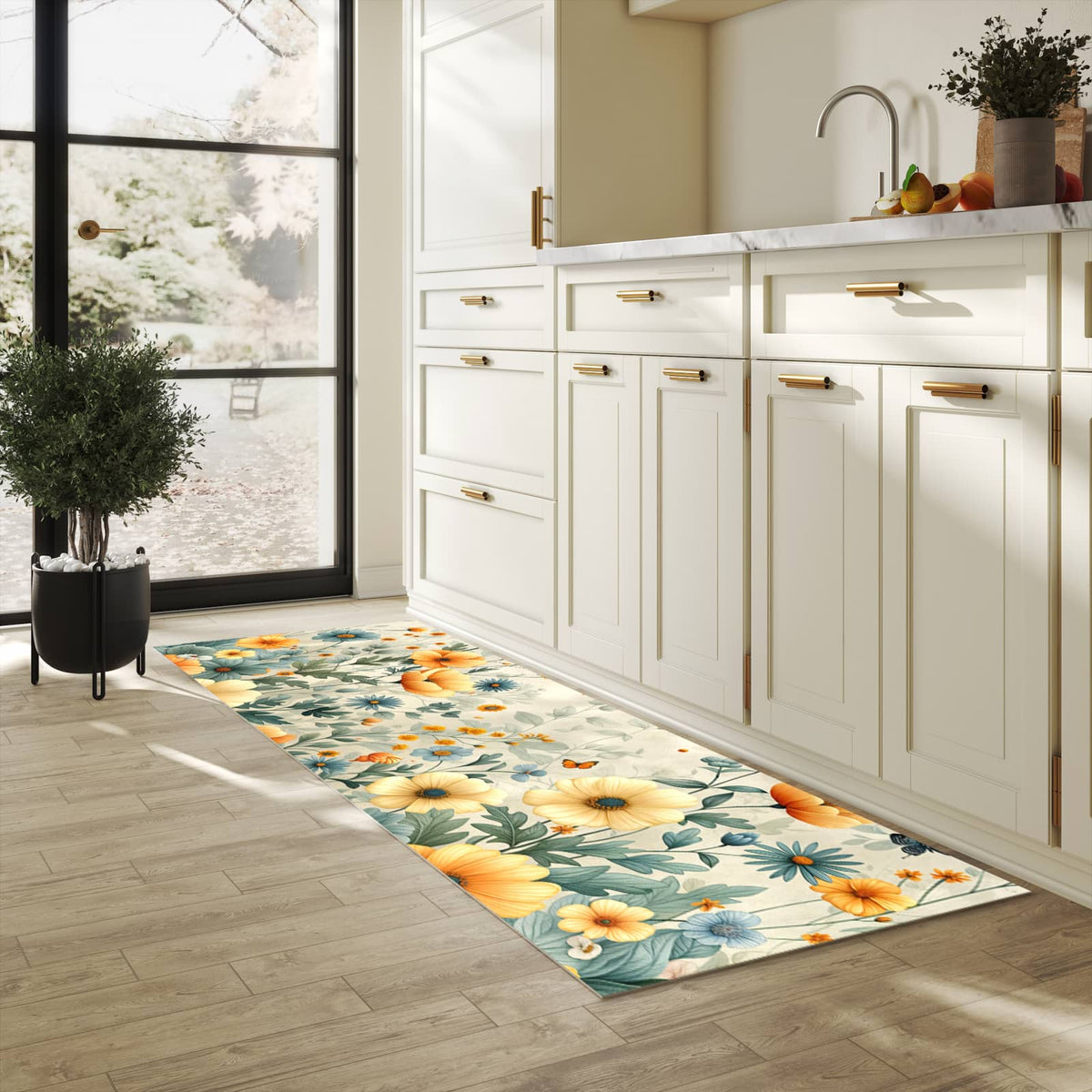 Formstabiler waschbarer Küchenteppich mit Motiv Blumenwiese in heller Küche