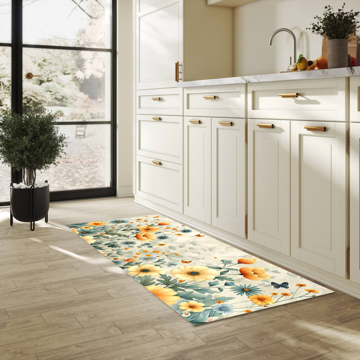 Farbbeständiger rutschfester Küchenteppich mit Motiv Blumenwiese in heller Küche