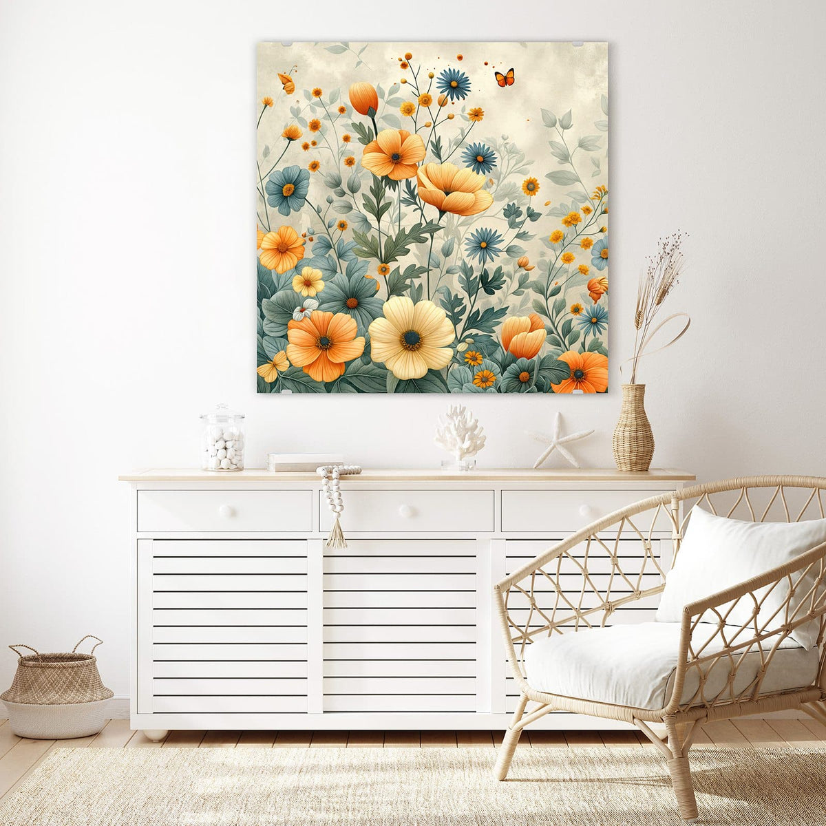 Glasbild Sommerblüten auf Beige an der Wand – Illustrierte Wiesenblumen in Orange, Creme und Blau auf beigem Grund, dazu ein Schmetterling.