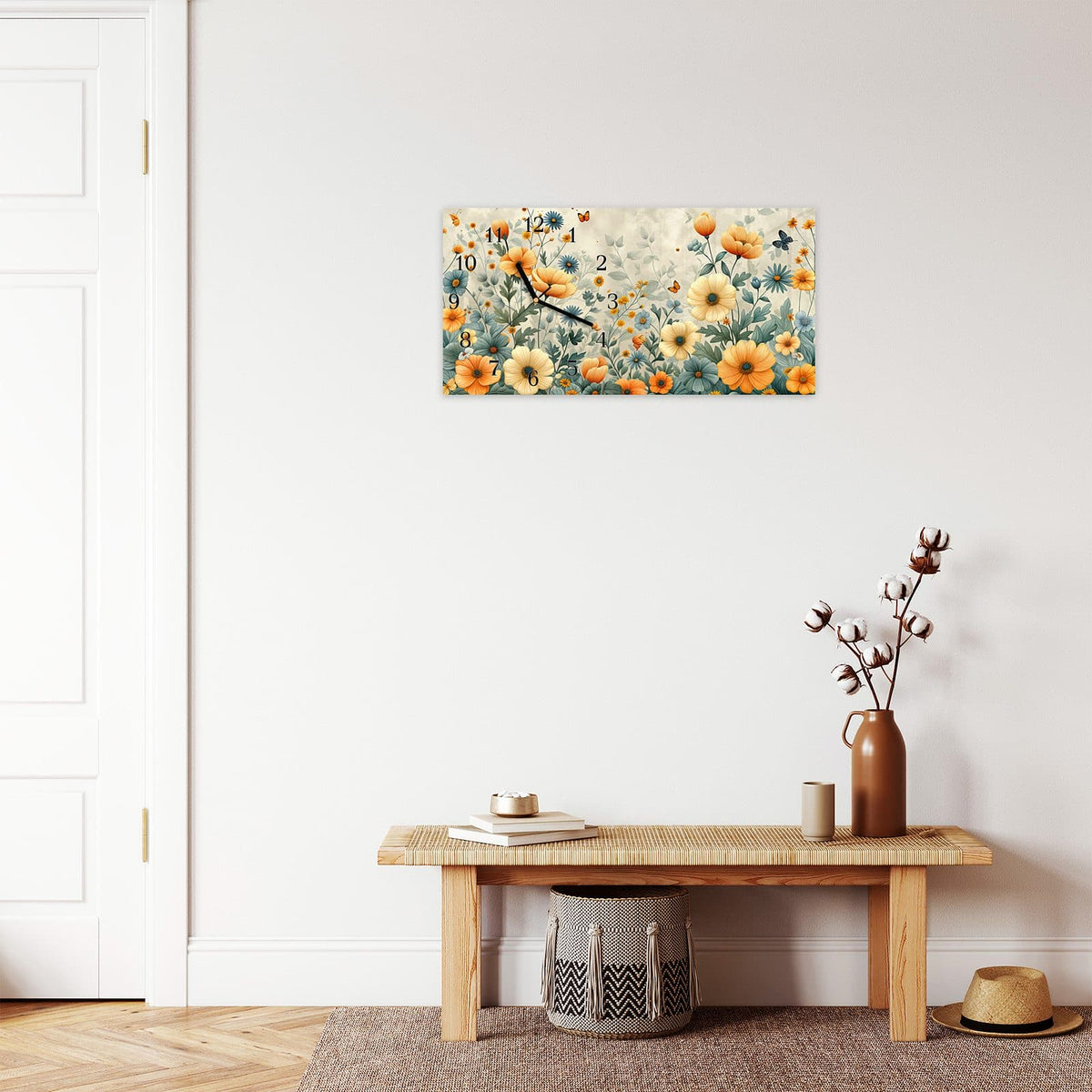 Moderne Wanduhr aus Glas mit Farbtiefe – Wanduhr Blumenwiese aus Glas – Querformat 60 × 30 cm