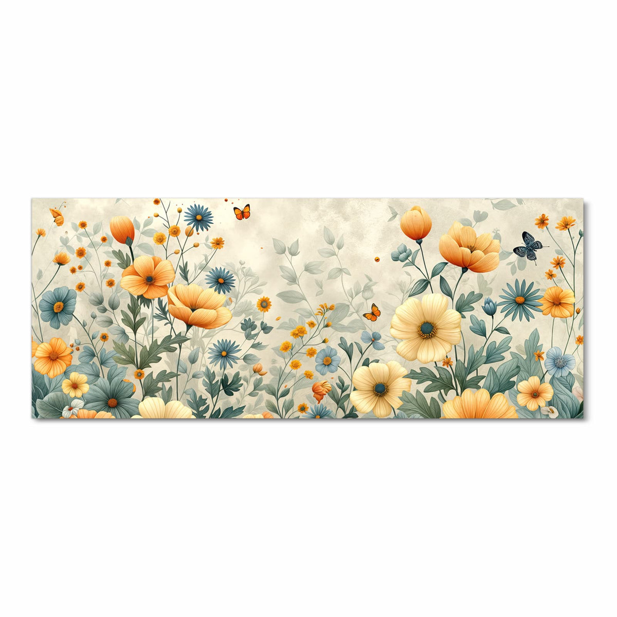 Illustrierte Wiesenblumen in Orange, Creme und Blau auf beigem Grund, dazu ein Schmetterling.