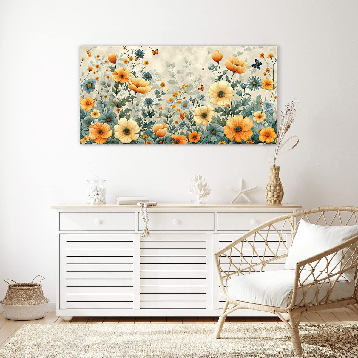 Echtglas, 4 mm – kein Acryl, keine Folie – Wandbild - Sommerblüten auf Beige - Querformat