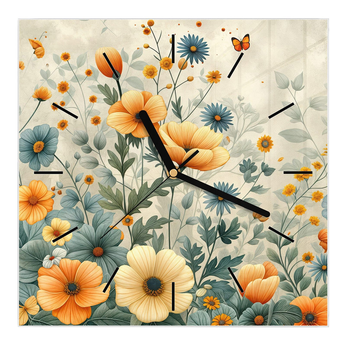 Wanduhr aus Glas, Ziffernblatt Linie mit Motiv Sommerblüten auf Beige: Illustrierte Wiesenblumen in Orange, Creme und Blau auf beigem Grund