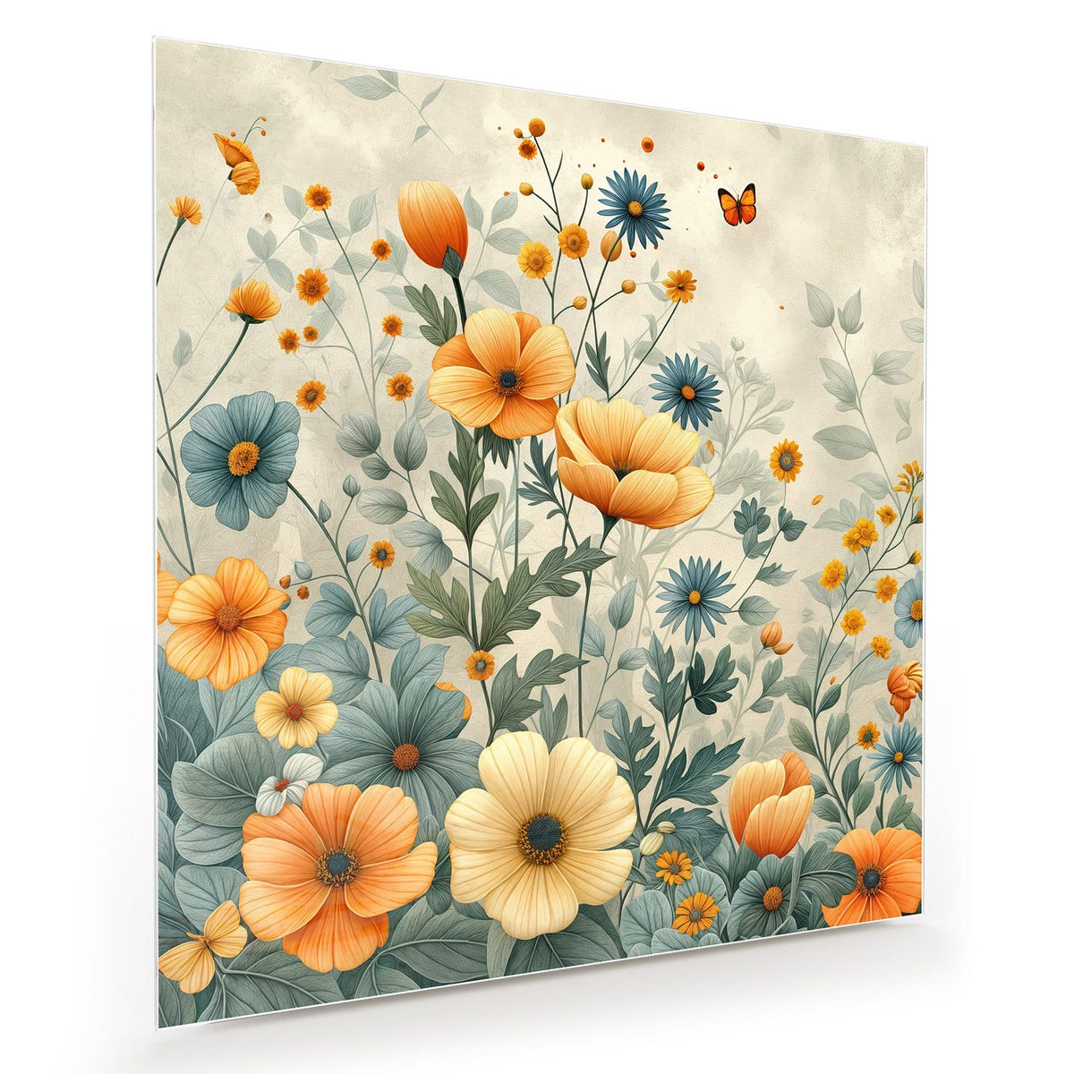 Illustrierte Wiesenblumen in Orange, Creme und Blau auf beigem Grund, dazu ein Schmetterling.