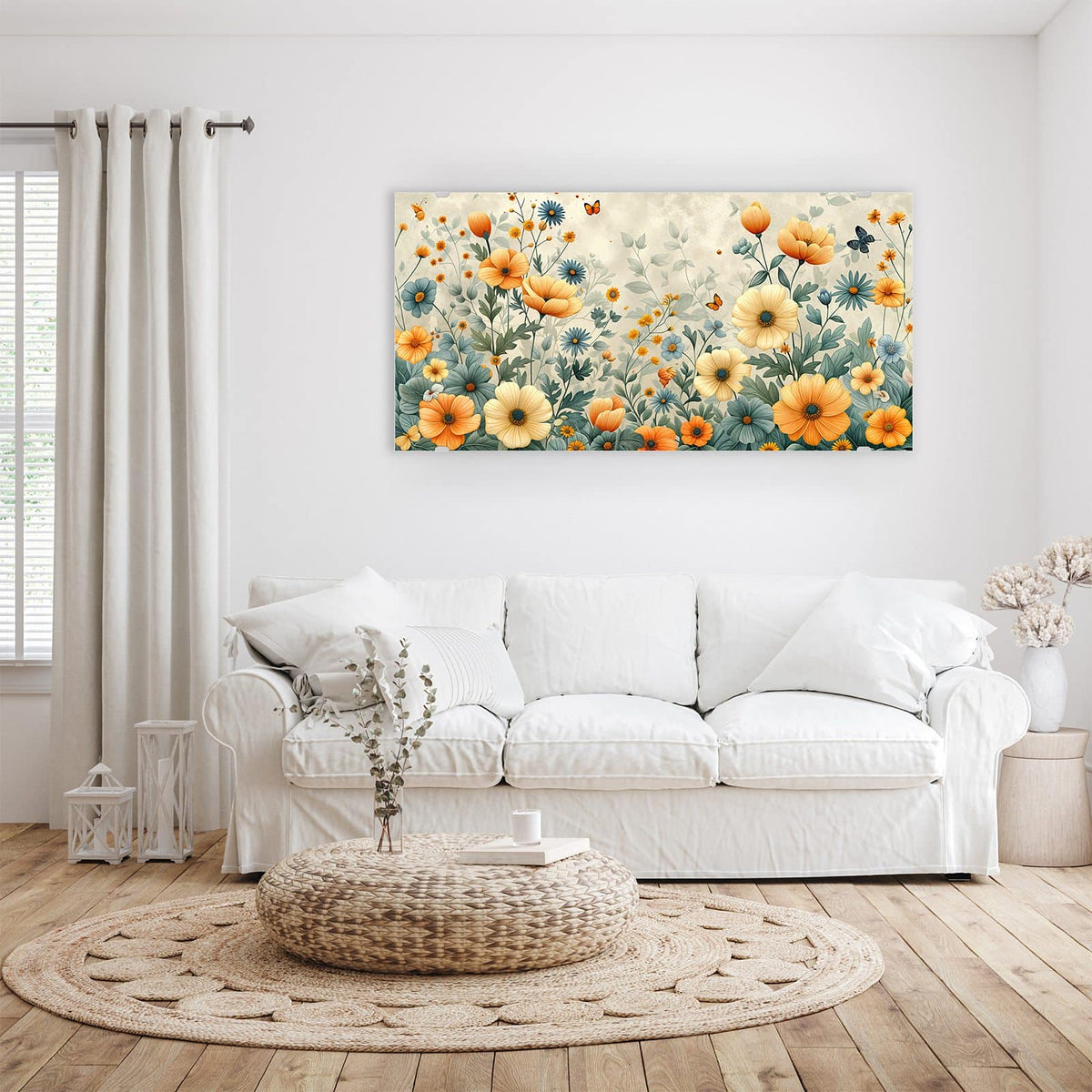 Aufhängung liegt bei – Motiv später wechselbar – Wandbild - Sommerblüten auf Beige - Querformat