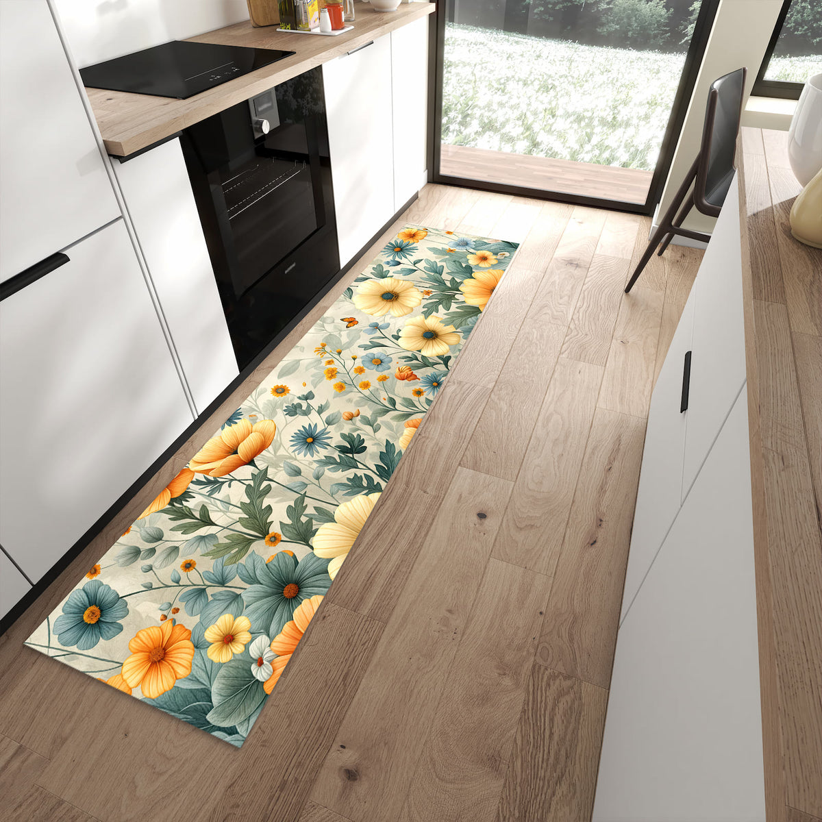 Küchenläufer - Sommerblüten auf Beige – Wiesenblumen und Schmetterling auf Beige