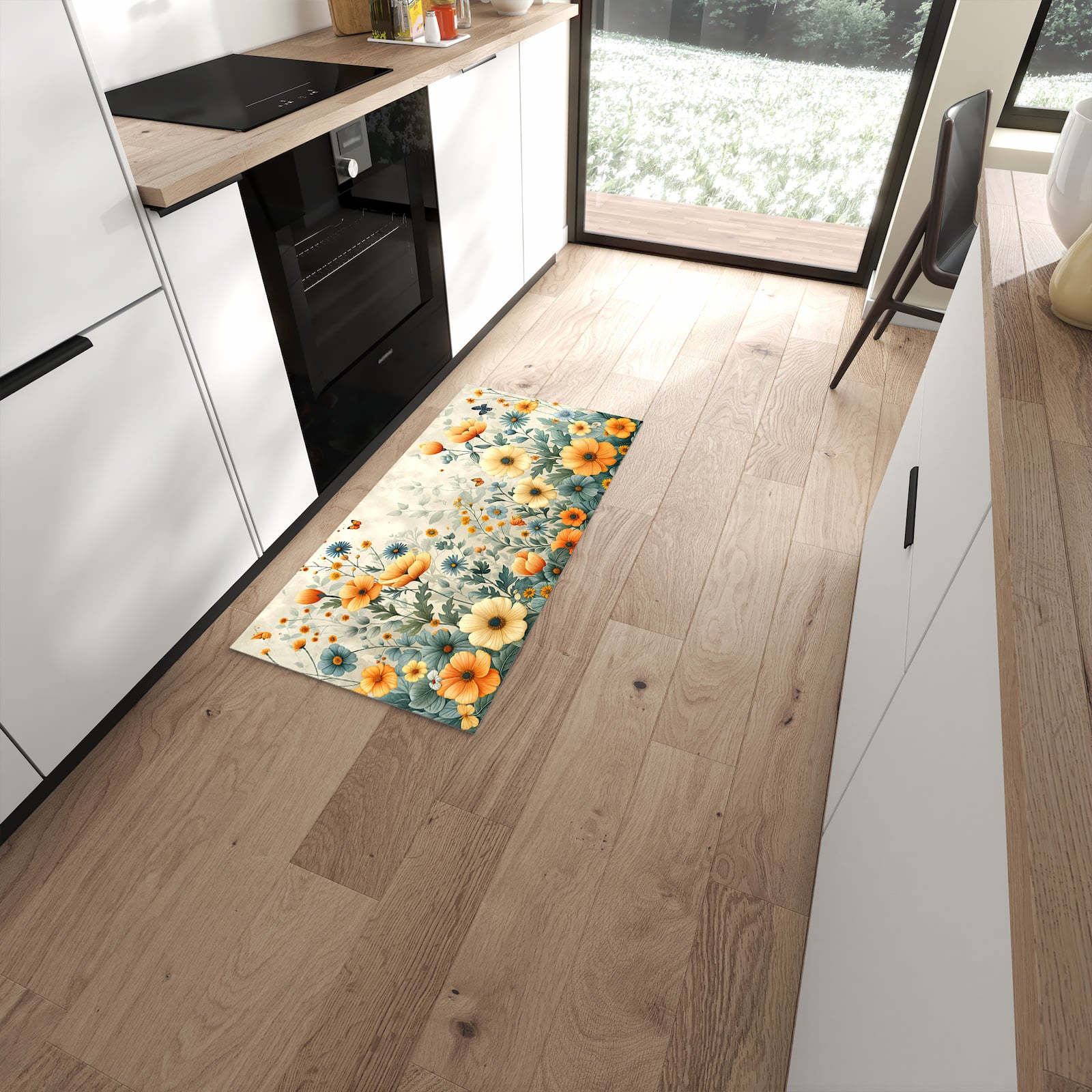 Flacher Küchenläufer mit Motiv Blumenwiese in moderner Küche #grösse_60 x 120 cm