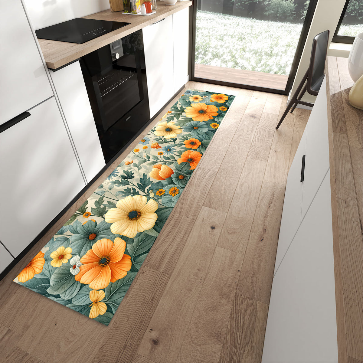 Hygienischer rutschfester Küchenteppich mit Motiv Blumenwiese in moderner Küche