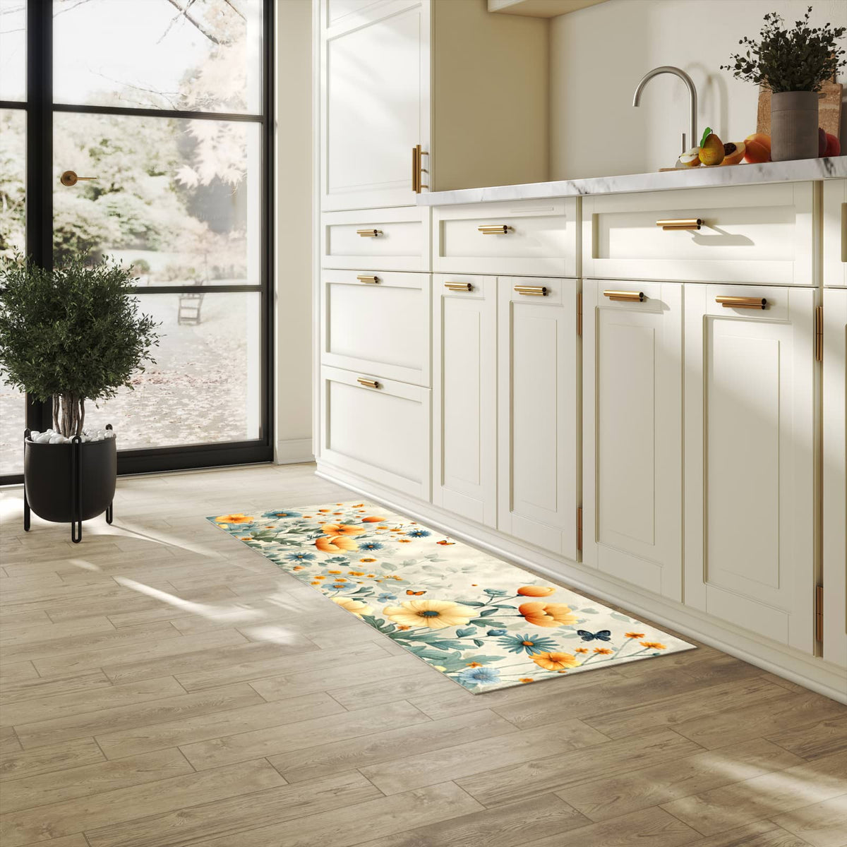 Rutschfester Küchenteppich mit Motiv Blumenwiese in heller Küche