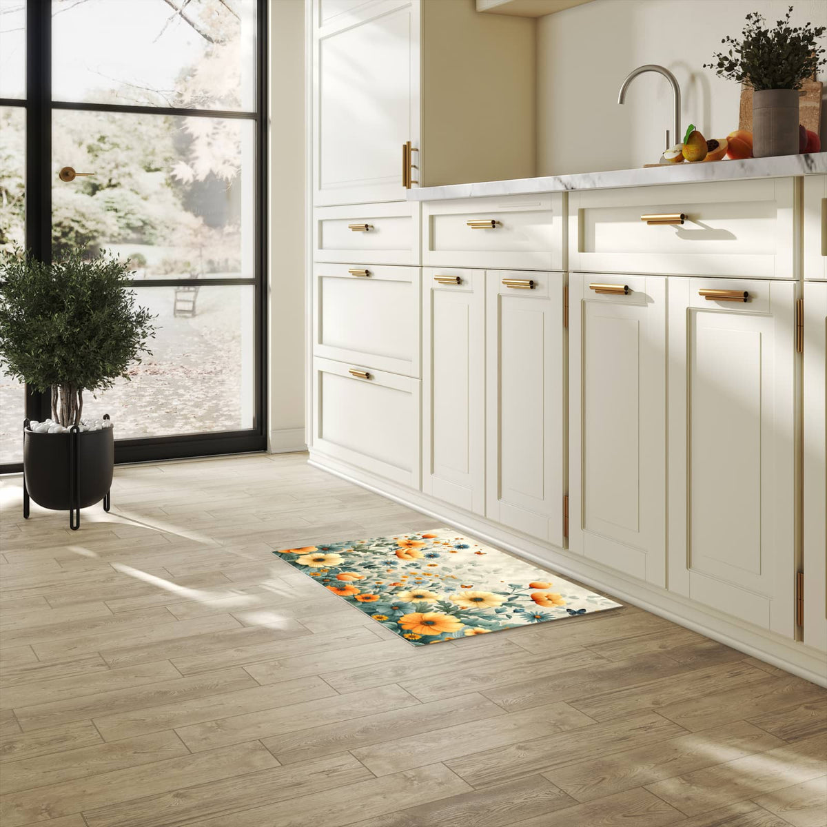 Bodenschonender großer Küchenteppich mit Motiv Blumenwiese in heller Küche
