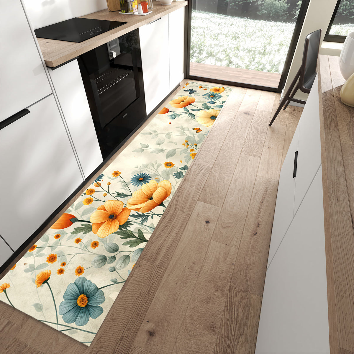 13 Größen – von 60 × 90 bis 80 × 300 cm – Küchenläufer - Sommerblüten auf Beige