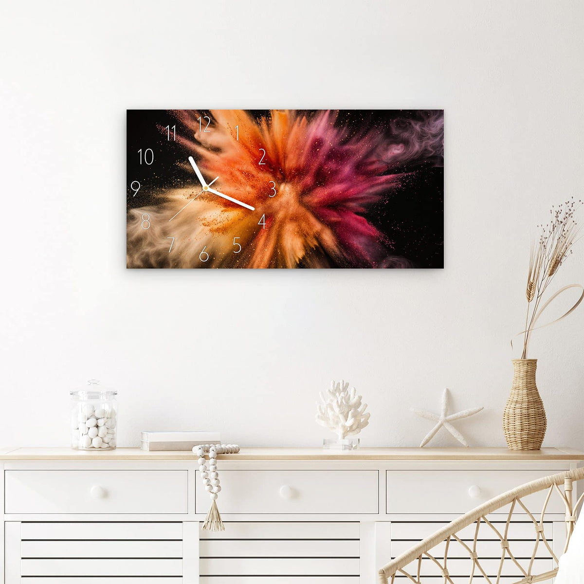 Wanduhr Sanfte Farbenexplosion aus Glas – Querformat 60 × 30 cm – Farbpigmente explodieren auf Dunkel