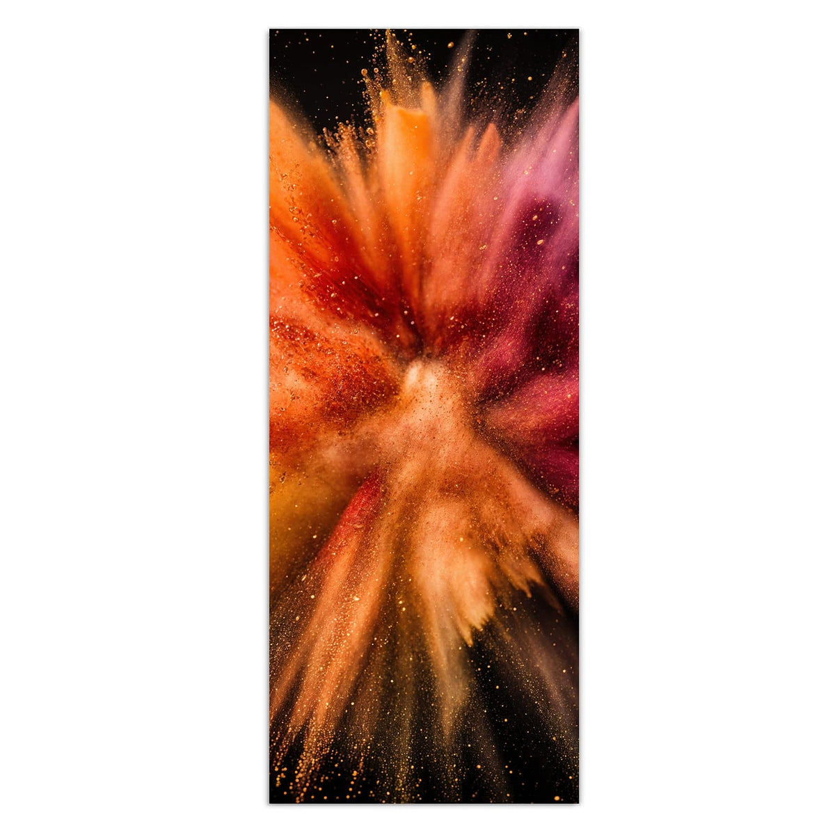 Explodierendes Farbpulver in Orange, Beere und Creme vor schwarzem Grund