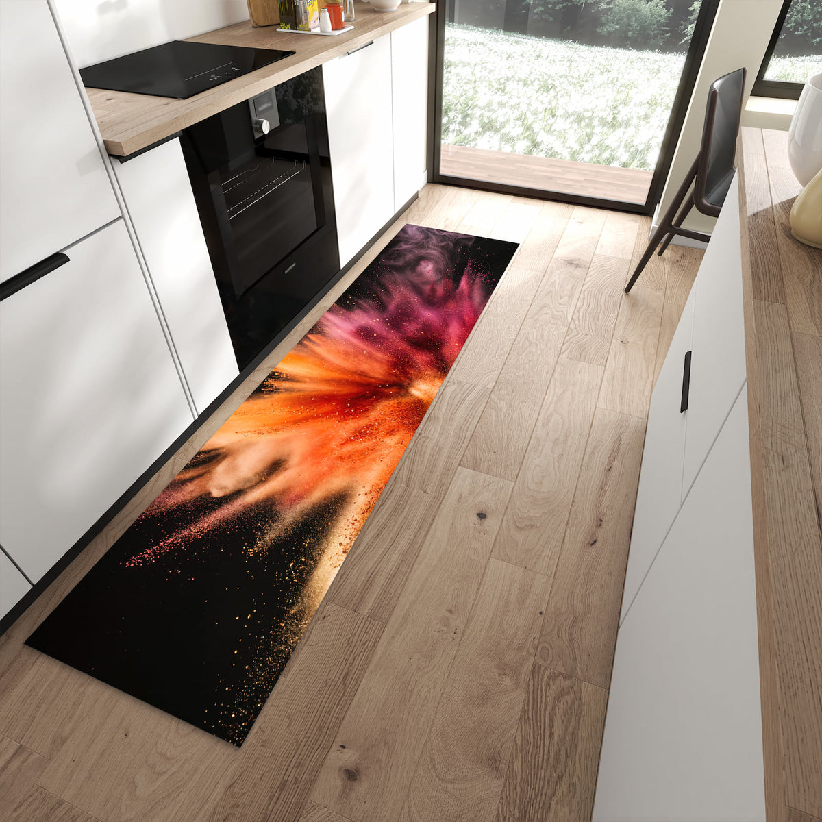 Küchenteppich Farbpulver auf Schwarz 60 × 240 cm vor der Küchenzeile auf hellem Holzboden