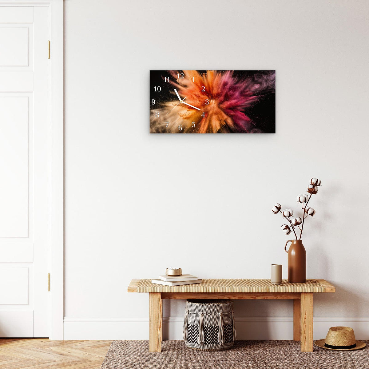 Moderne Wanduhr aus Glas mit Farbtiefe – Wanduhr Sanfte Farbenexplosion aus Glas – Querformat 60 × 30 cm