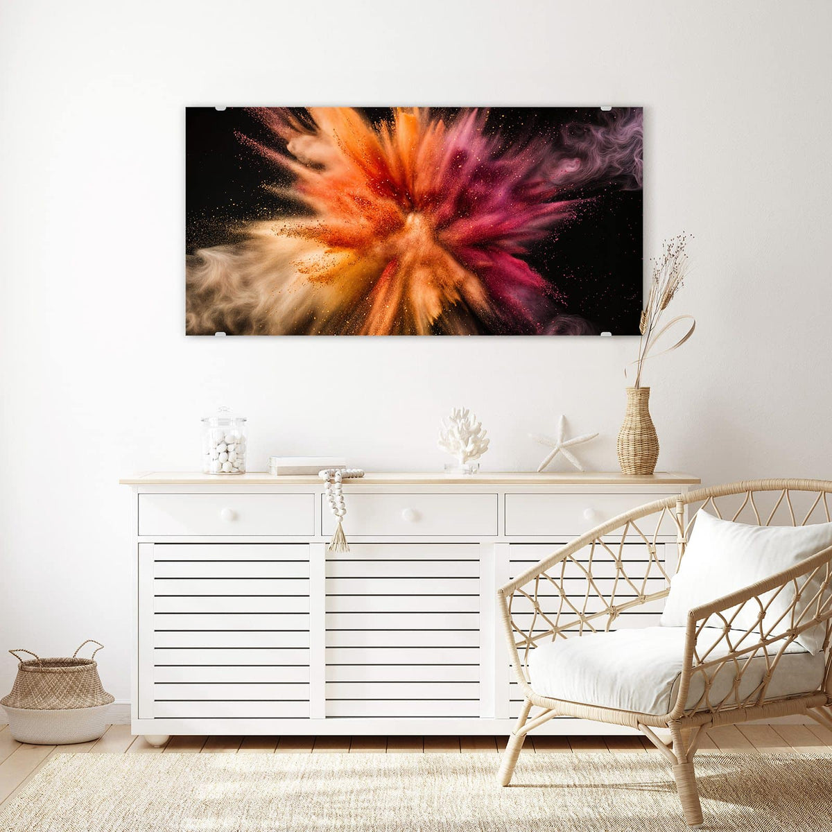 Echtglas, 4 mm – kein Acryl, keine Folie – Wandbild - Farbpulver auf Schwarz - Querformat