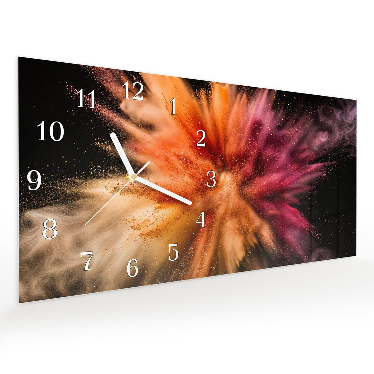Vormontiert – mit Schwebeeffekt – Wanduhr Sanfte Farbenexplosion aus Glas – Querformat 60 × 30 cm