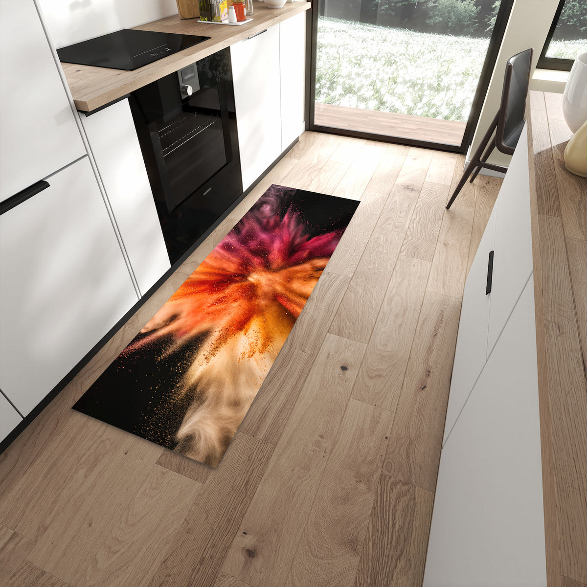 Küchenteppich Farbpulver auf Schwarz 60 × 180 cm vor der Küchenzeile auf hellem Holzboden