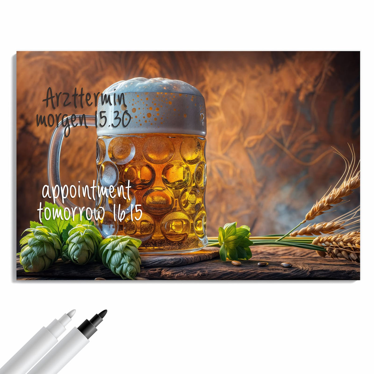 Beschreiben, abwischen, anheften – Metall Magnettafel - Bierkrug mit Hopfen