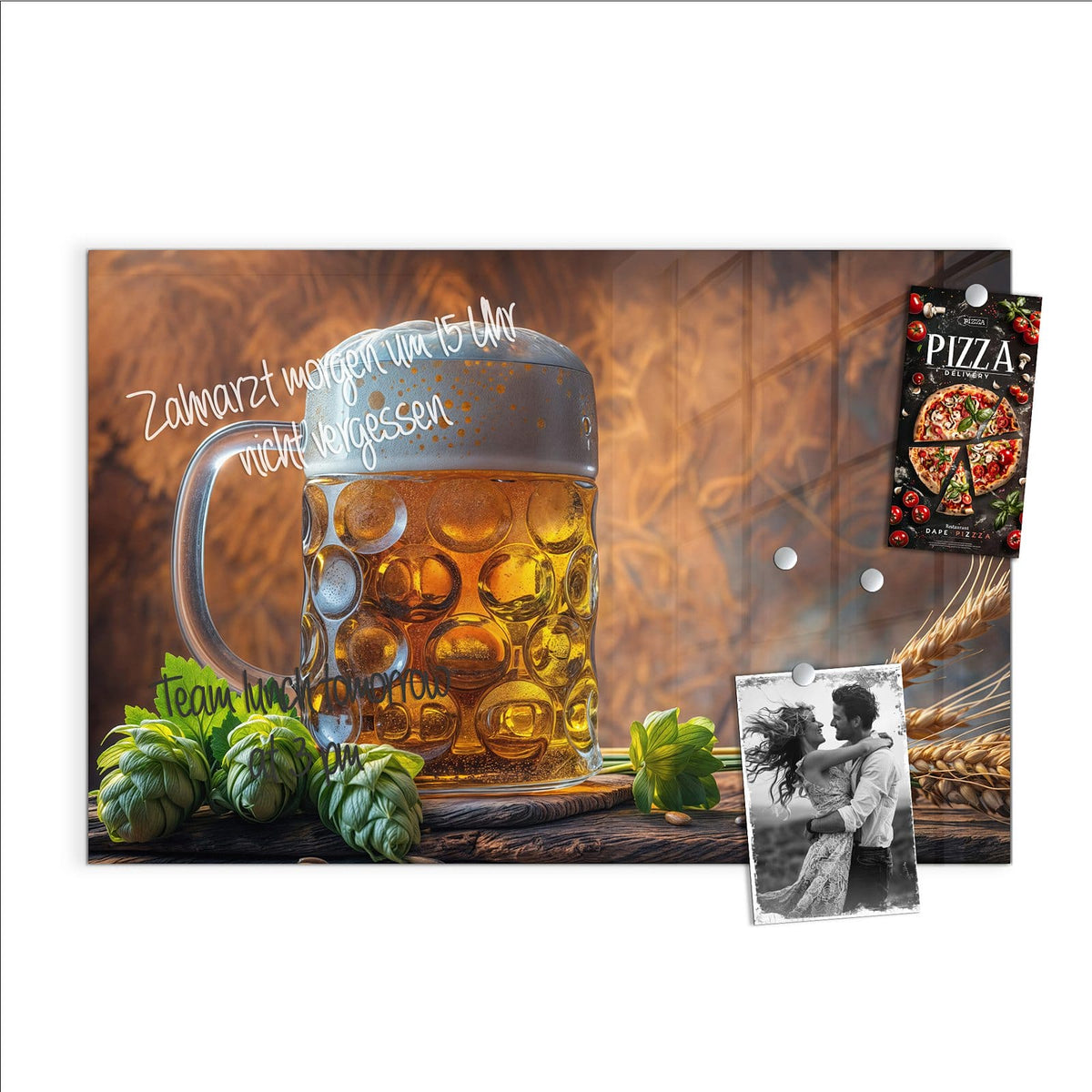 Beschreiben, abwischen, anheften – Magnettafel - Bierkrug mit Hopfen