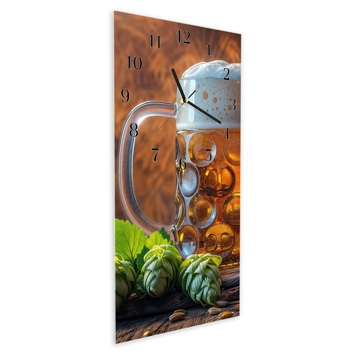 Vormontiert – mit Schwebeeffekt – Wanduhr Bierkrug aus Glas – Hochformat 30 × 60 cm