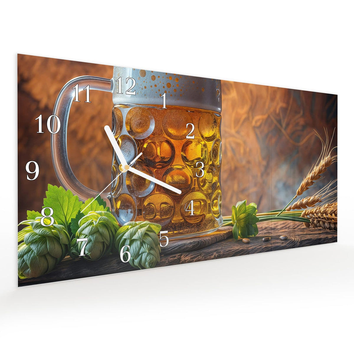 Vormontiert – mit Schwebeeffekt – Wanduhr Bierkrug aus Glas – Querformat 60 × 30 cm