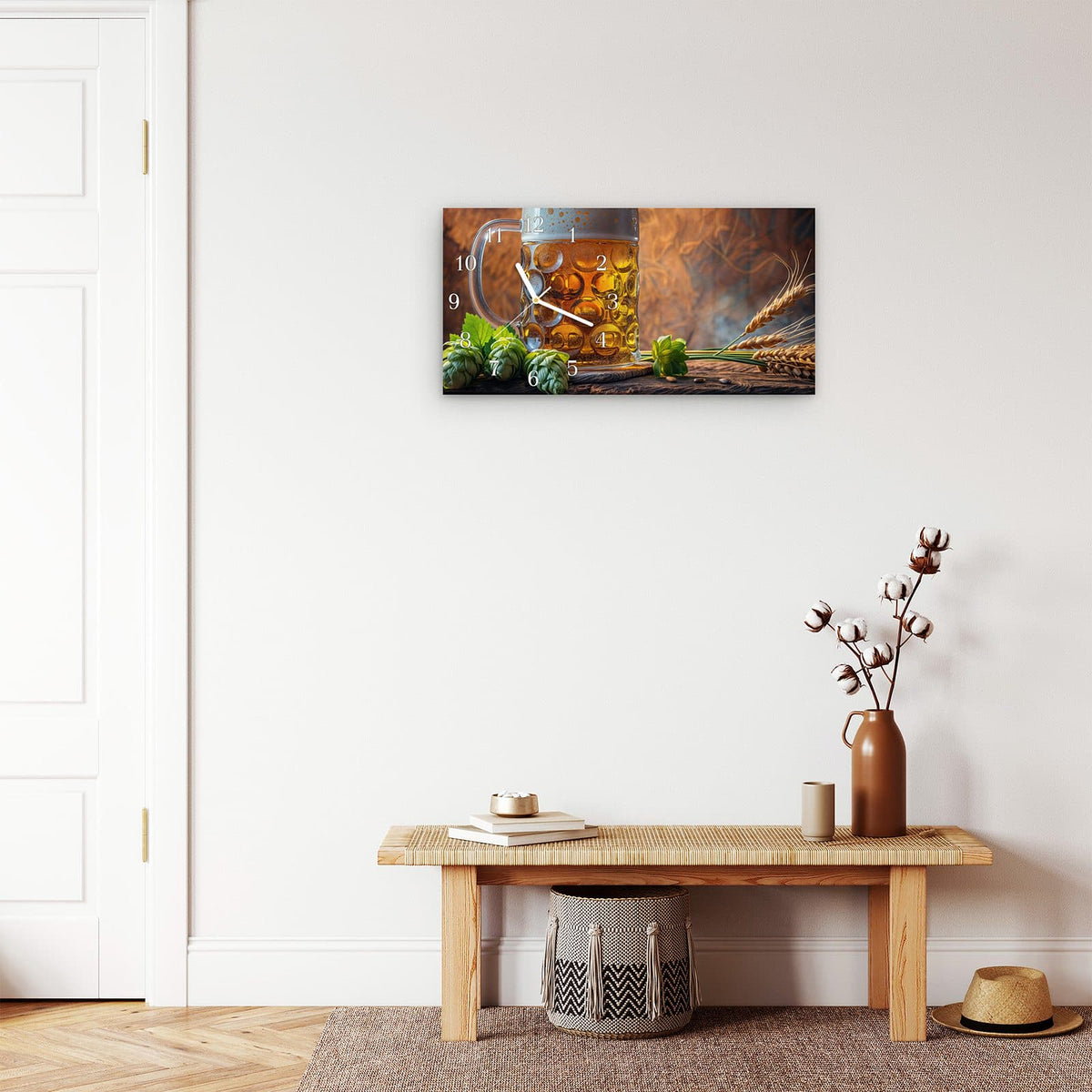 Moderne Wanduhr aus Glas mit Farbtiefe – Wanduhr Bierkrug aus Glas – Querformat 60 × 30 cm