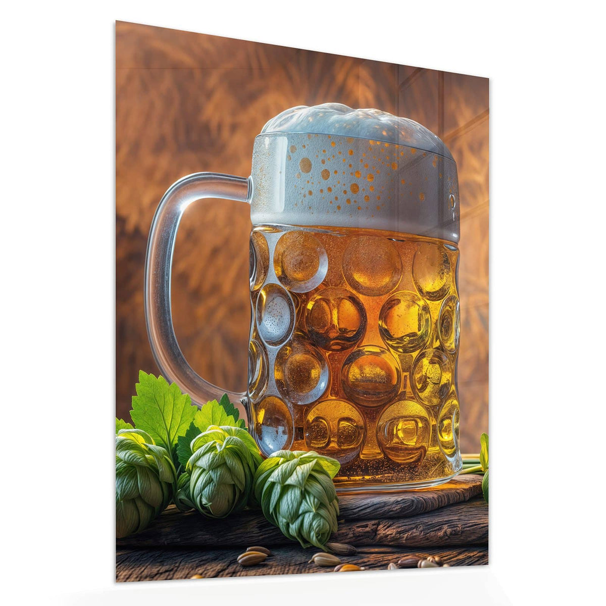 Echtglas, 4 mm – kein Acryl, keine Folie – Wandbild - Bierkrug mit Hopfen - Hochformat