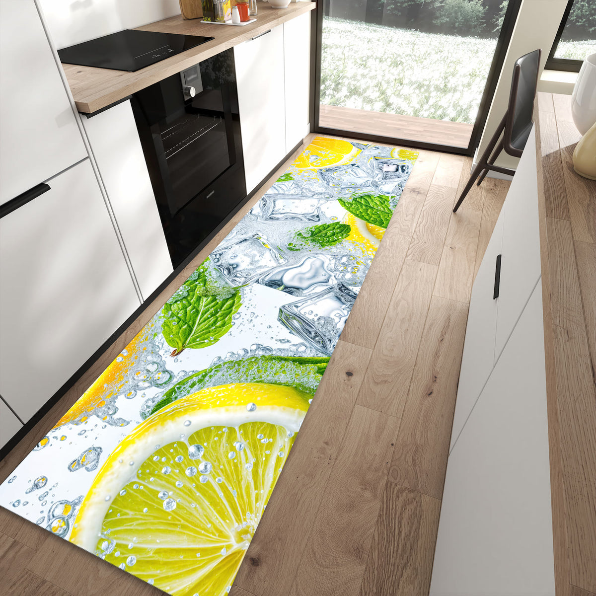 UV-beständiger Küchenläufer mit Motiv Zitrusfrische in moderner Küche