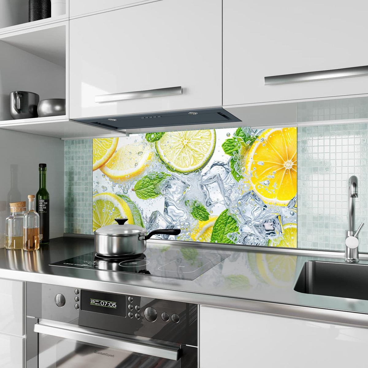Küchenrückwand aus Glas Zitrusscheiben im Eis im Hochformat als Spritzschutz hinter dem Kochfeld, über dem Fliesenspiegel montiert