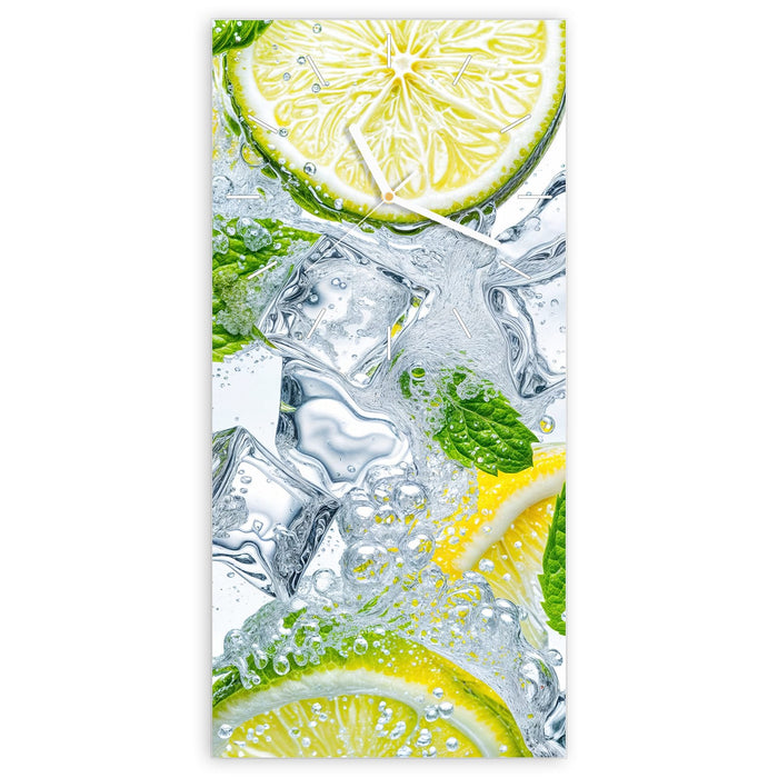 Wanduhr Zitrusfrische aus Glas – Hochformat 30 × 60 cm mit Ziffernblatt Linie