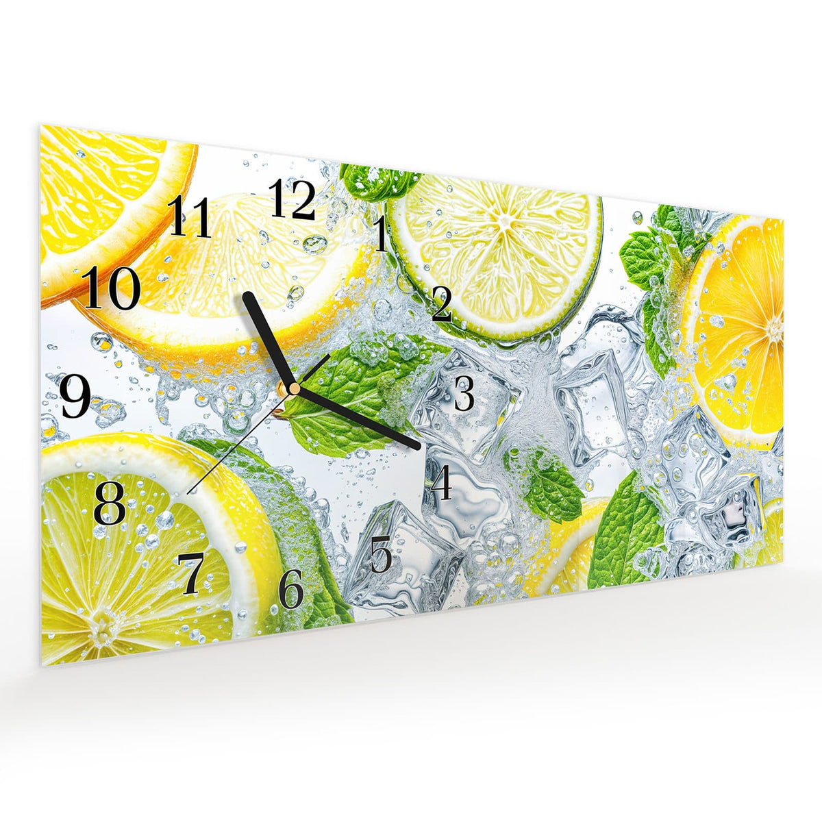 Vormontiert – mit Schwebeeffekt – Wanduhr Zitrusfrische aus Glas – Querformat 60 × 30 cm