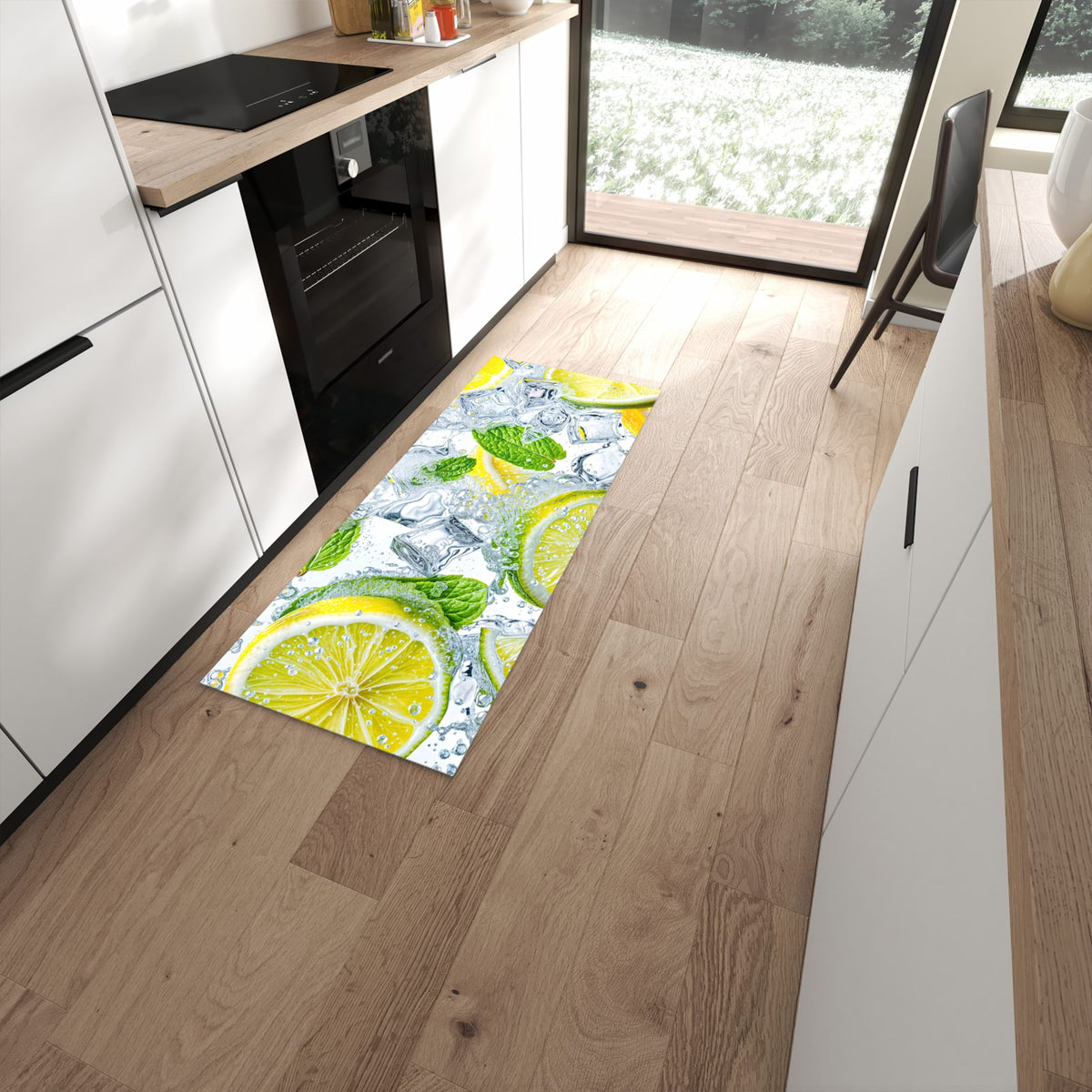 Bodenschonender Küchenteppich mit Motiv Zitrusfrische in moderner Küche #grösse_60 x 150 cm