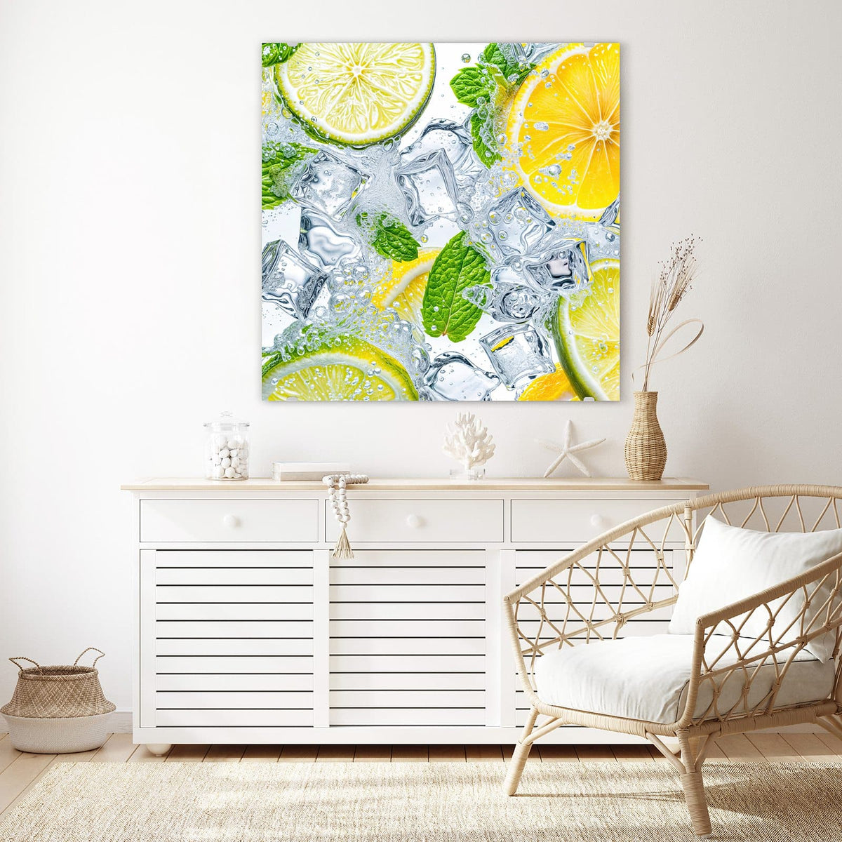 Echtglas, 4 mm – kein Acryl, keine Folie – Wandbild - Zitrusscheiben im Eis - Quadratisch