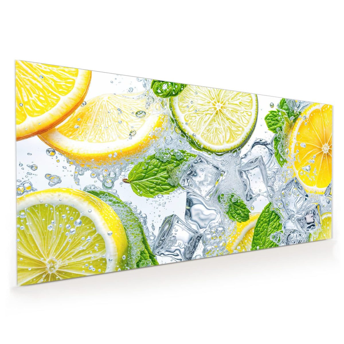 Küchenrückwand aus Glas im Hochformat mit Motiv Zitrusscheiben im Eis: Zitronen- und Limettenscheiben mit Minzblättern zwischen Eiswürfeln im Wasser