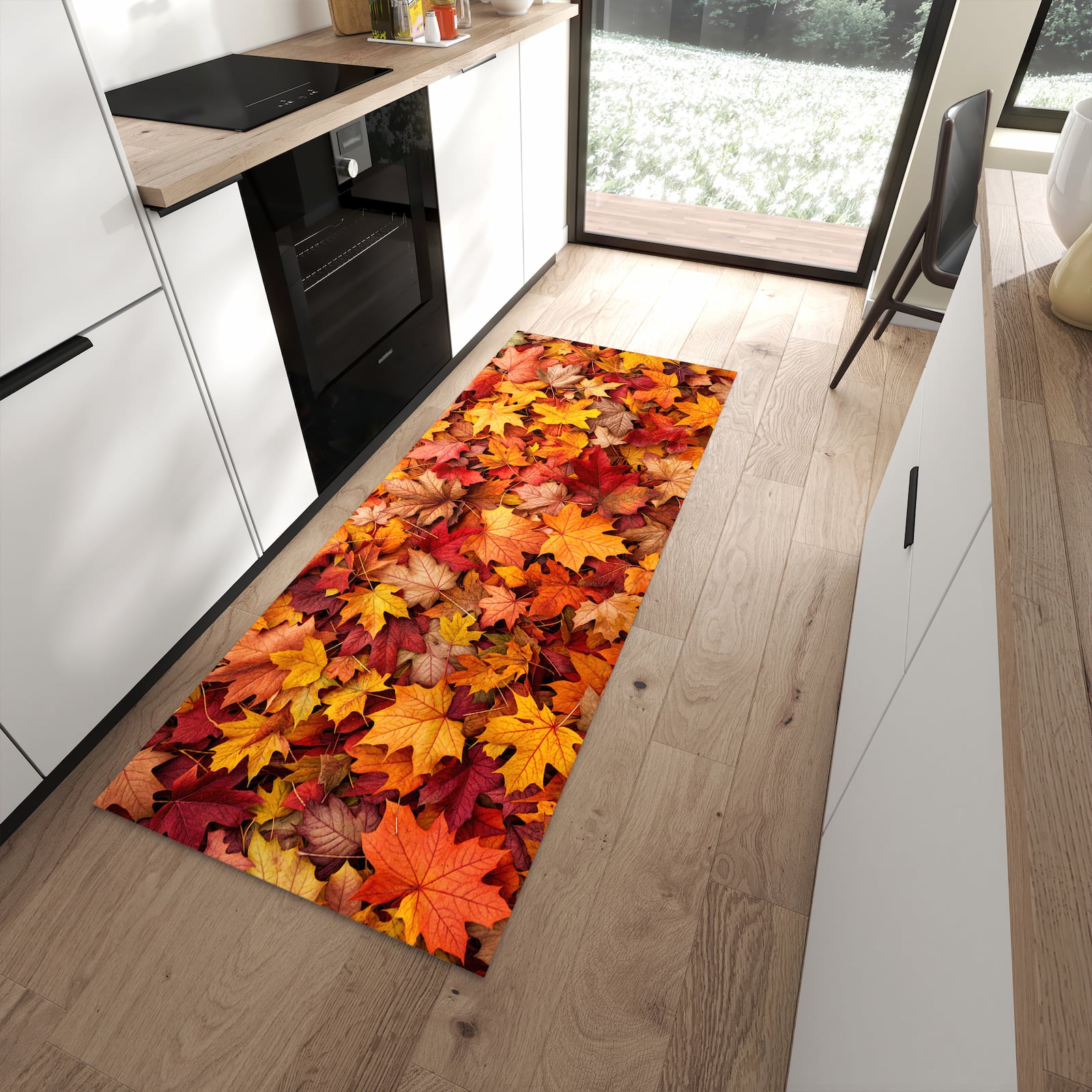 Fleckenresistenter waschbarer Küchenteppich mit Motiv Herbstlaub in moderner Küche
