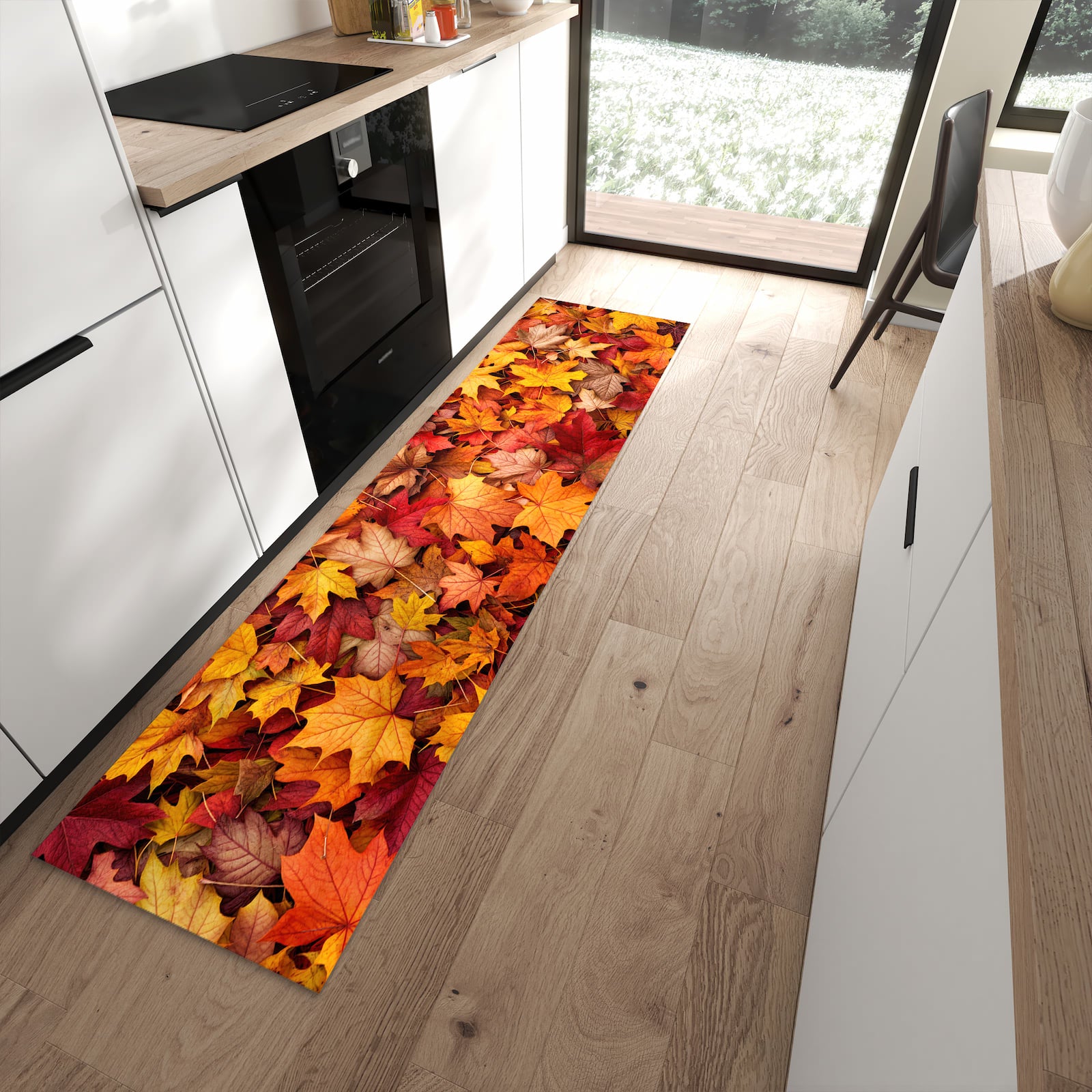 Abriebfester rutschfester Küchenteppich mit Motiv Herbstlaub in moderner Küche