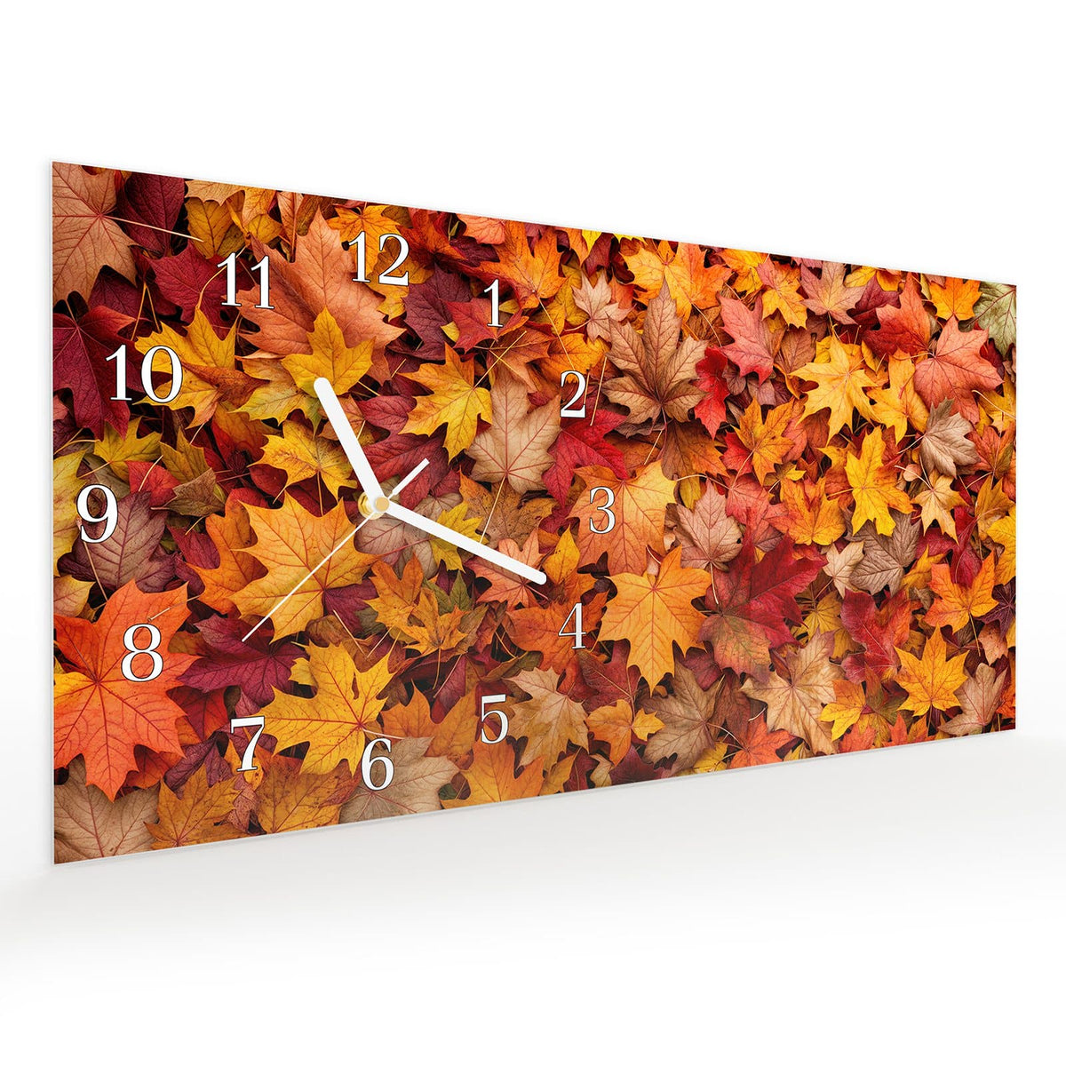 Vormontiert – mit Schwebeeffekt – Wanduhr Herbstlaub aus Glas – Querformat 60 × 30 cm