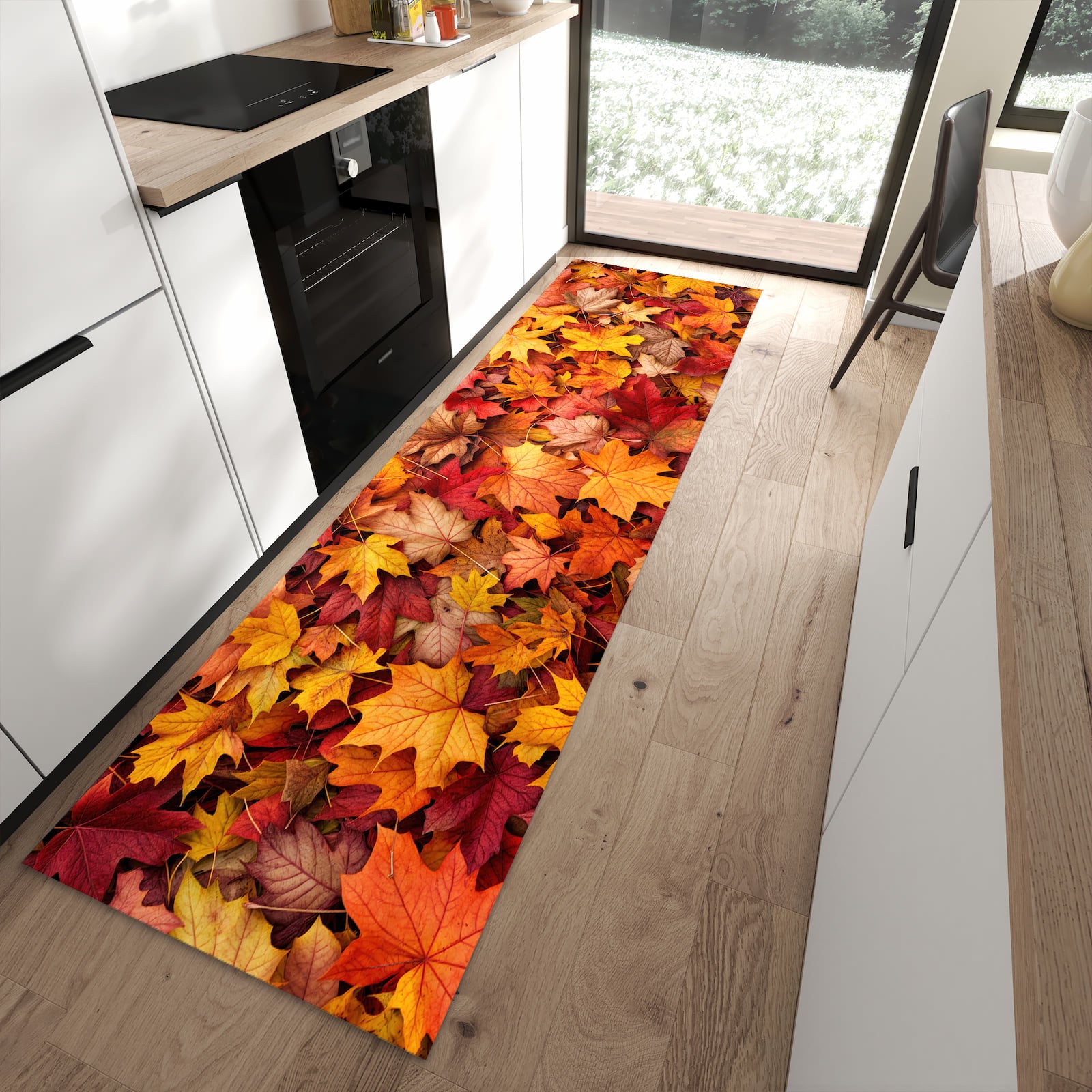 Geruchsneutraler rutschfester Küchenteppich mit Motiv Herbstlaub in moderner Küche