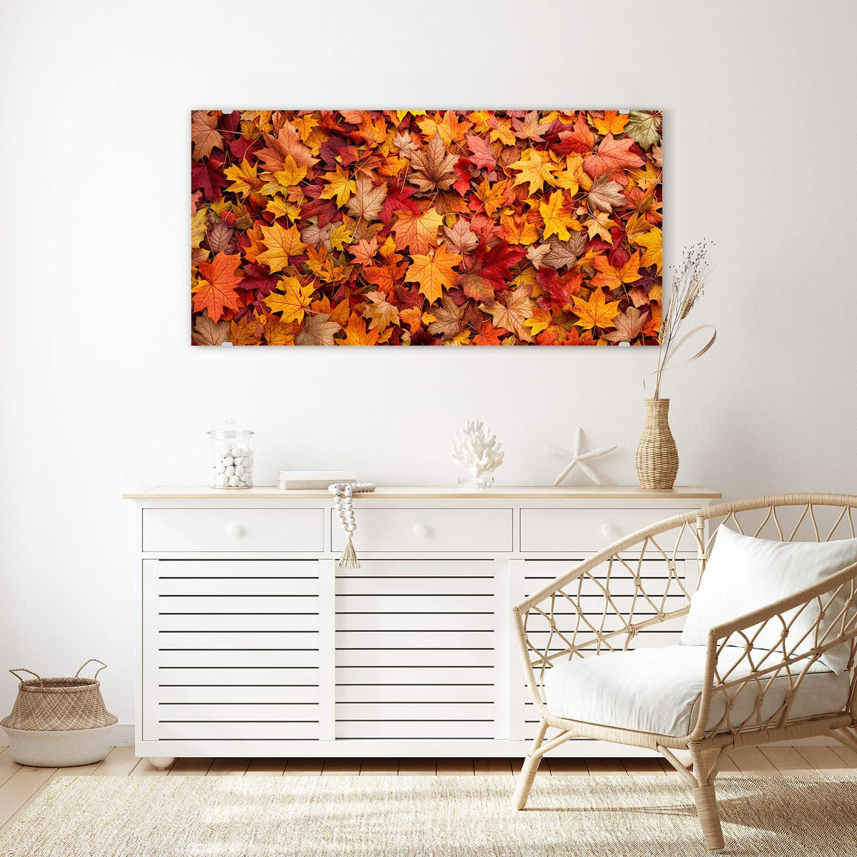 Echtglas, 4 mm – kein Acryl, keine Folie – Wandbild - Ahornblätter von oben - Querformat