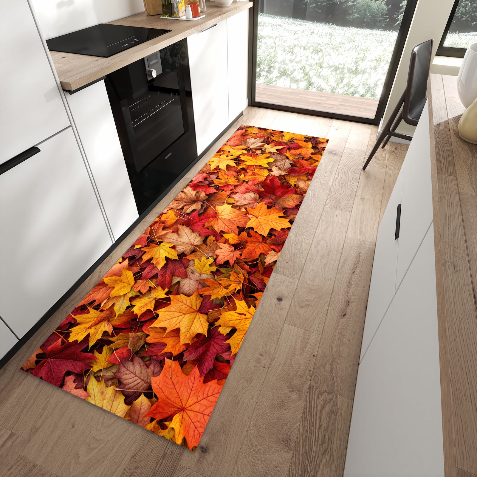 Schmutzabweisender Küchenteppich mit Motiv Herbstlaub in moderner Küche