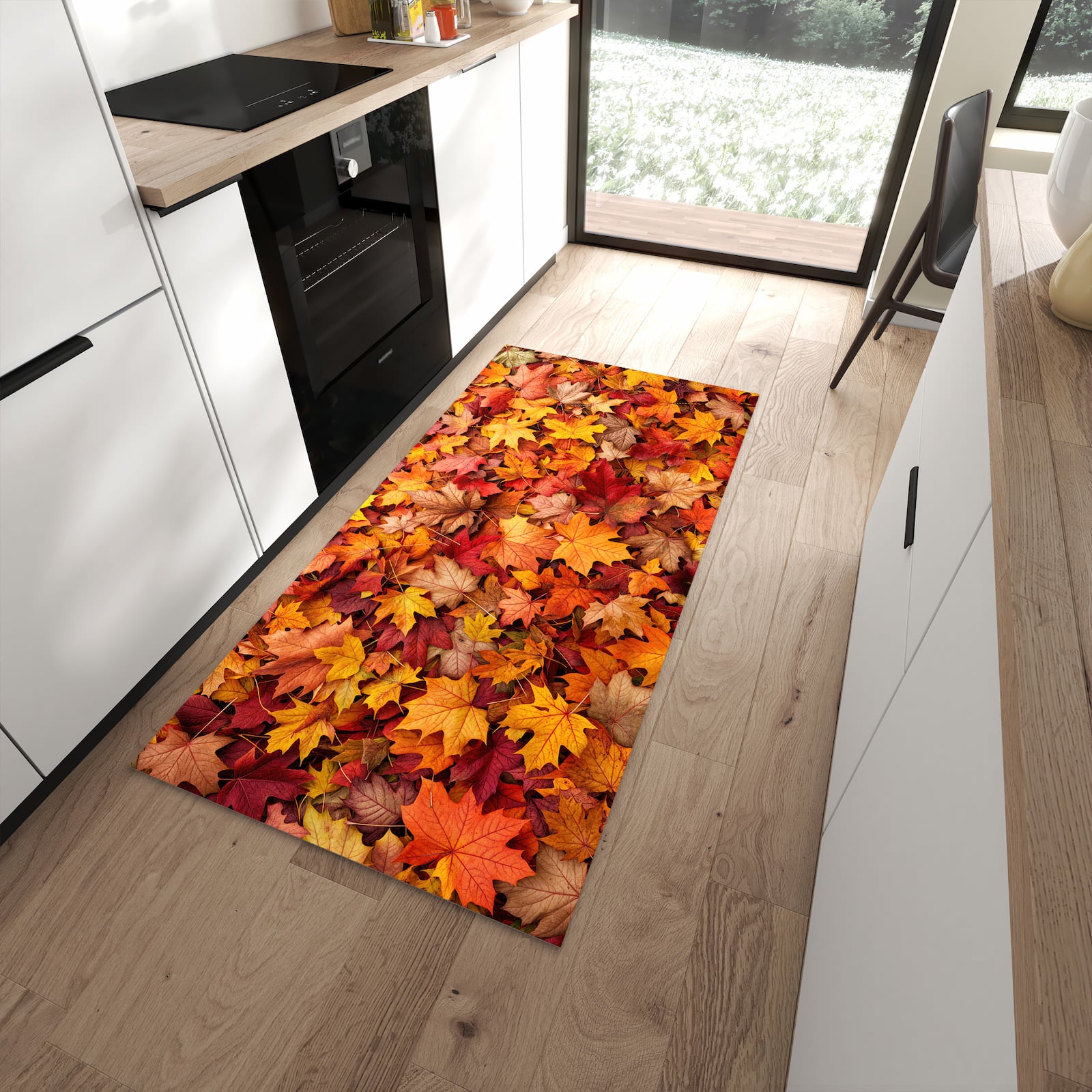 Flacher Küchenteppich mit Motiv Herbstlaub in moderner Küche - waschbar