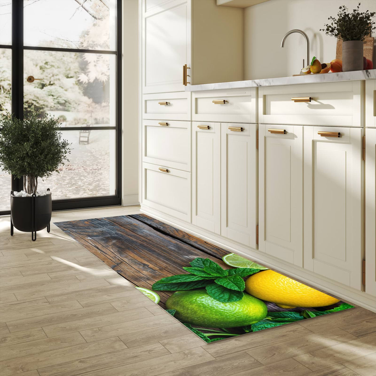 Abriebfester Küchenläufer mit Motiv Zitrusfruechte Holz in heller Küche