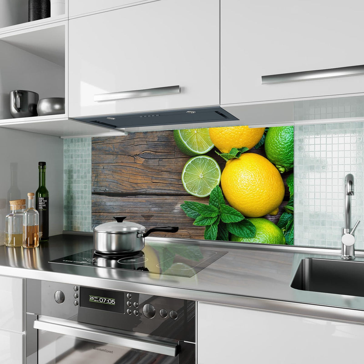 Küchenrückwand aus Glas Zitronen und Limetten im Hochformat als Spritzschutz hinter dem Kochfeld, über dem Fliesenspiegel montiert