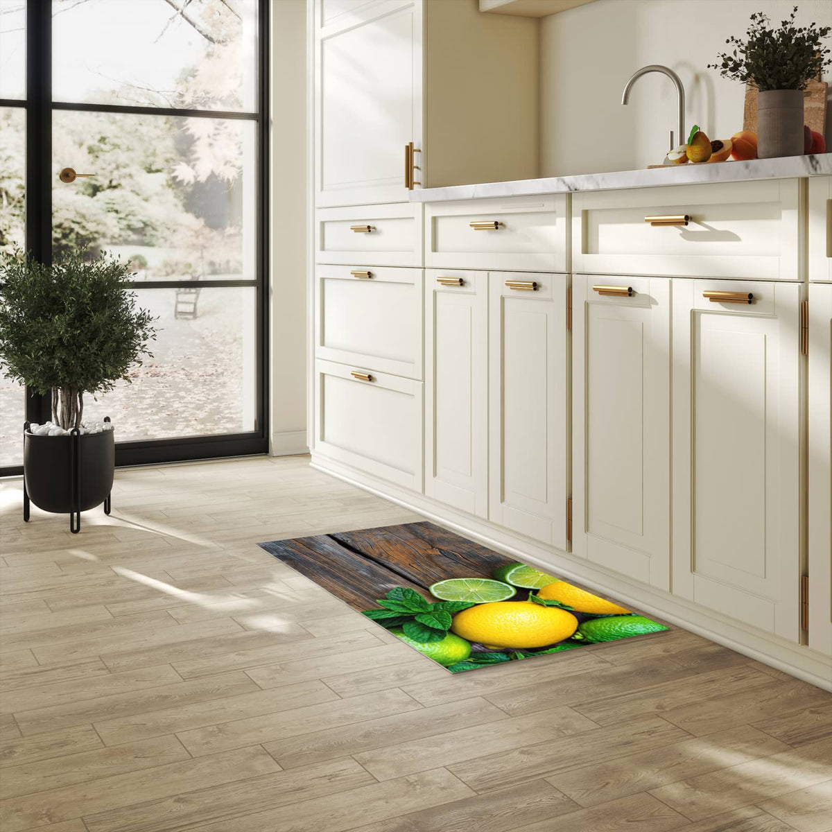 Rutschfester Küchenteppich mit Motiv Zitrusfruechte Holz in heller Küche schützt den Boden