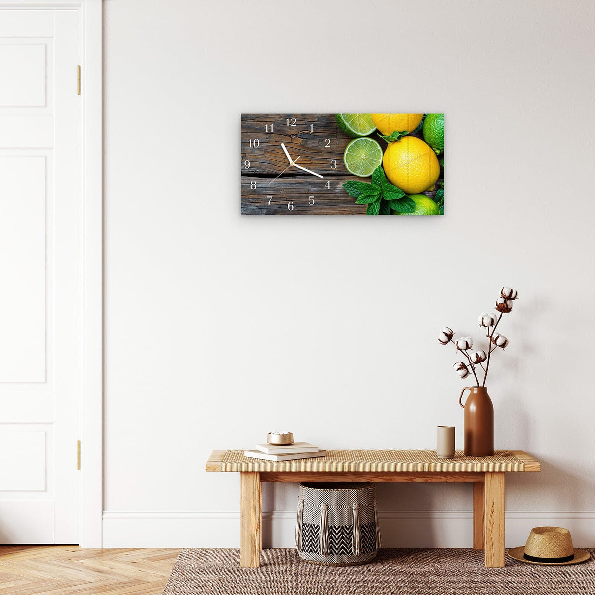 Moderne Wanduhr aus Glas mit Farbtiefe – Wanduhr Zitrusfruechte Holz aus Glas – Querformat 60 × 30 cm