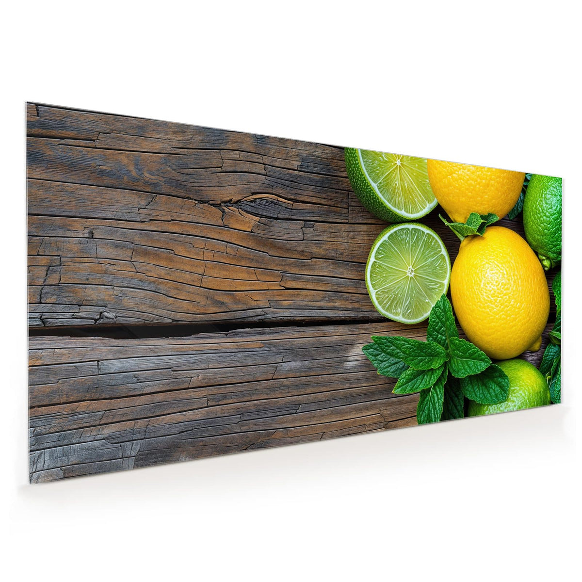 Küchenrückwand aus Glas im Hochformat: Ganze und halbierte Zitronen und Limetten mit frischen Minzblättern auf dunklem, verwittertem Holz.