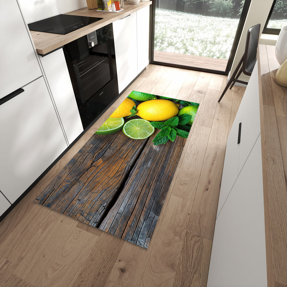 Farbbeständiger dünner Teppich mit Motiv Zitrusfruechte Holz in moderner Küche