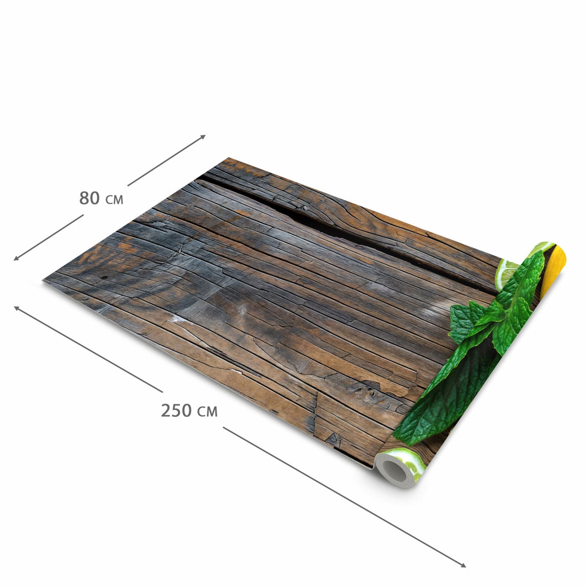 Organisierender Küchenläufer mit Motiv Zitrusfruechte Holz in der Grösse 80x250 cm